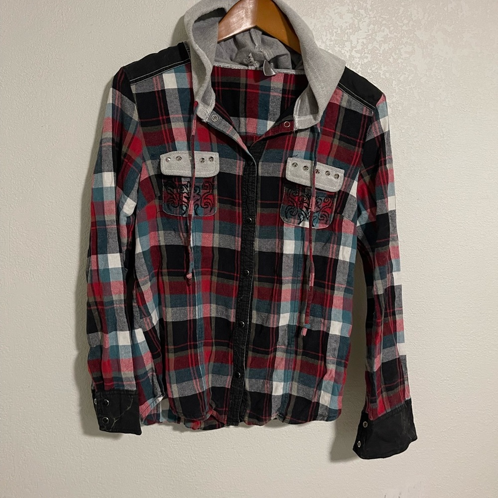 BKE Red and Black Plaid Hooded Shirt